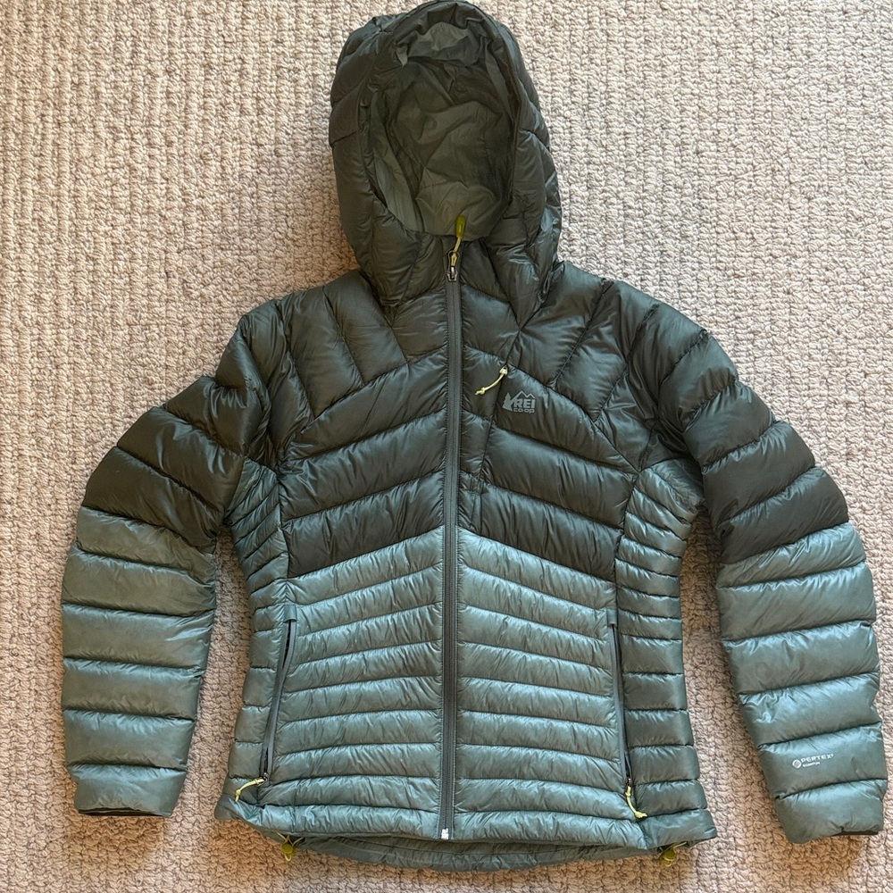 REI Women's Hooded Puffer Jacket - Dark Green and Sage